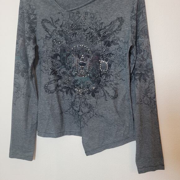 Alberto Makali Stripe Gray Black Long Sleeve Shirt‎ Top Rhinestone Asymmetrical - Picture 4 of 5